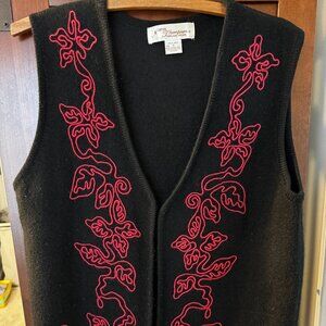 Norm Thompson Womens Boiled Wool Vest, Black w/Red Embroidery, Sz S